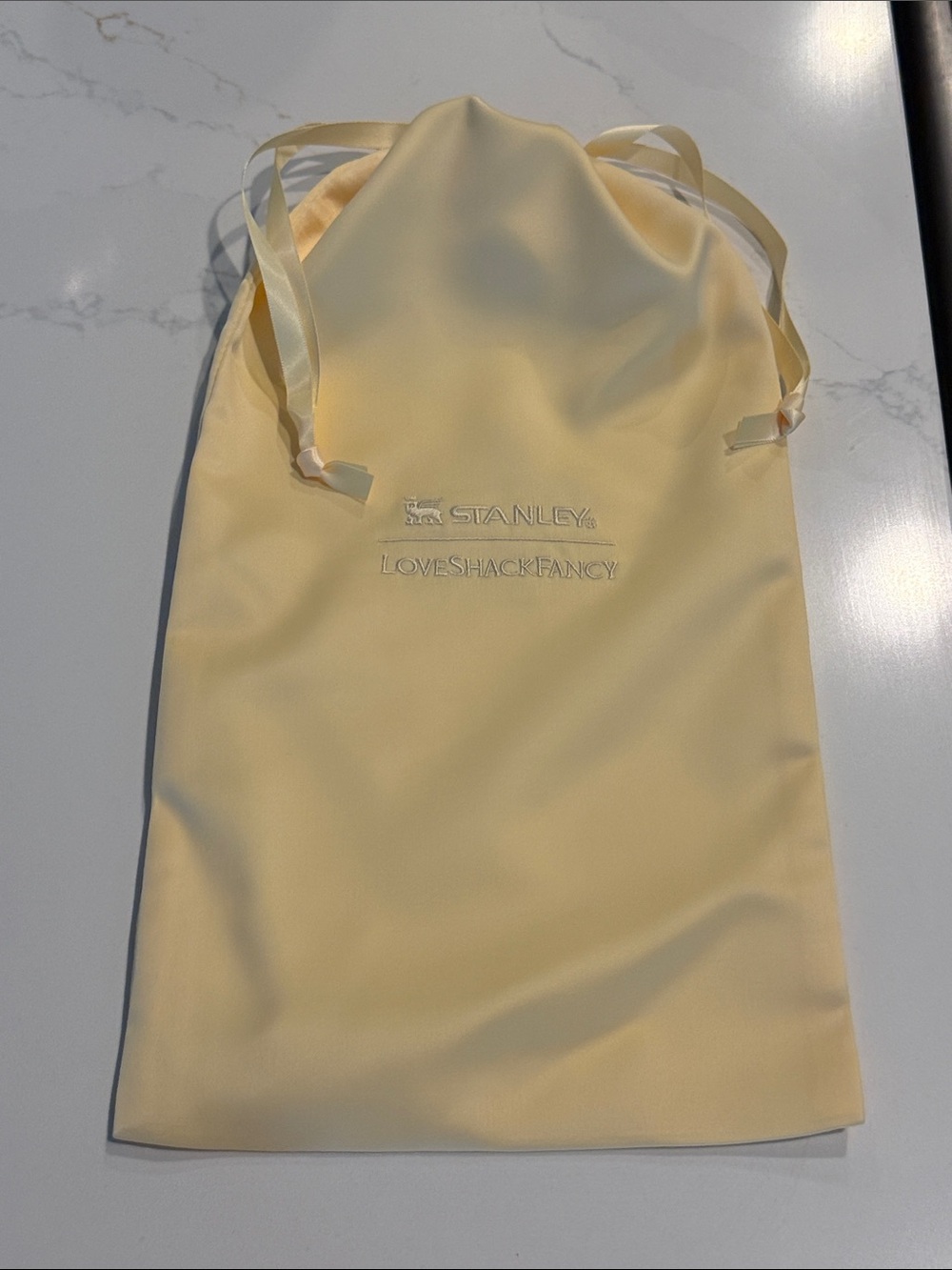 Yellow LoveShackFancy x Stanley silver satin dust bag